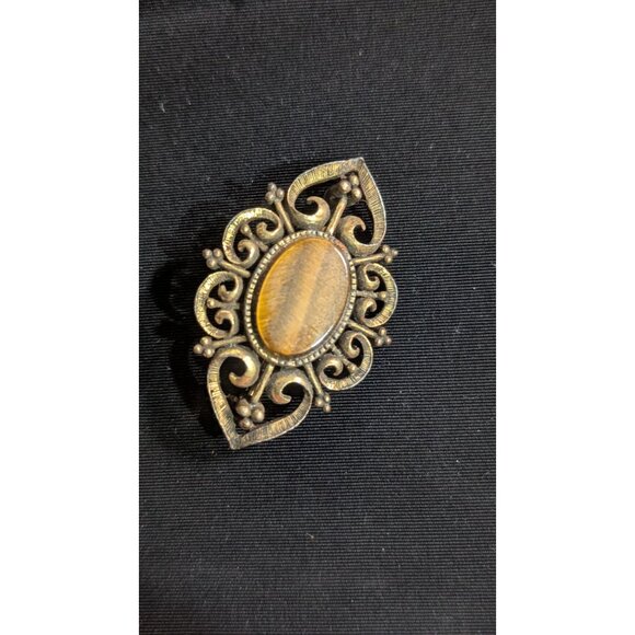 Vintage LG Oval Tigers Eye Filigree Brooch Gold-Tone Floral Pin Estate  2" - Picture 5 of 8